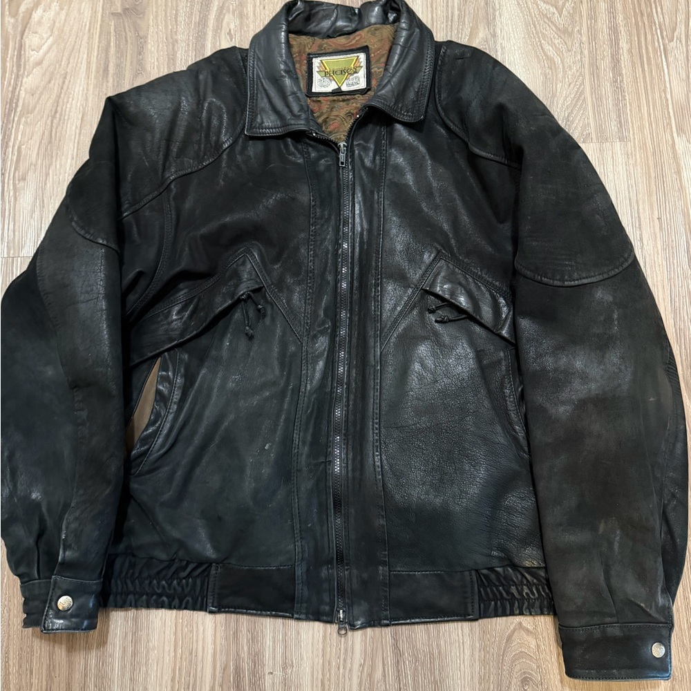 Vintage Black Genuine Leather Moto Jacket – XXL – Heavyweight, Distressed Look